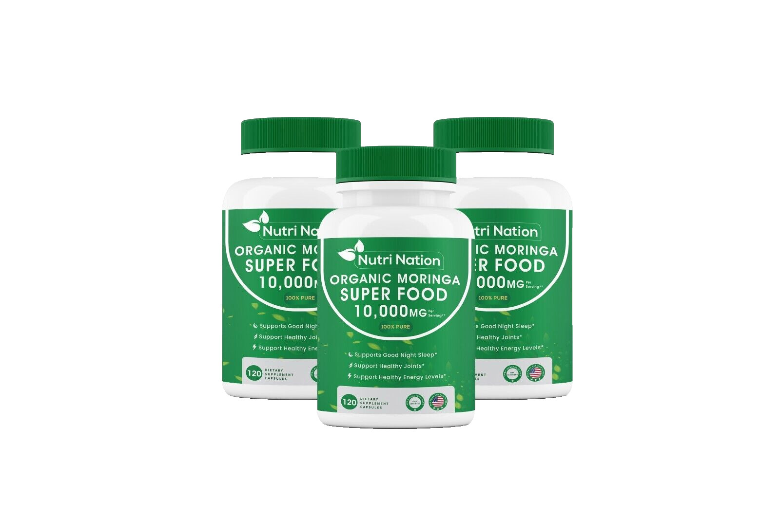 Organic Moringa Supplement 120 capsules 10,000mg 3 Bottles