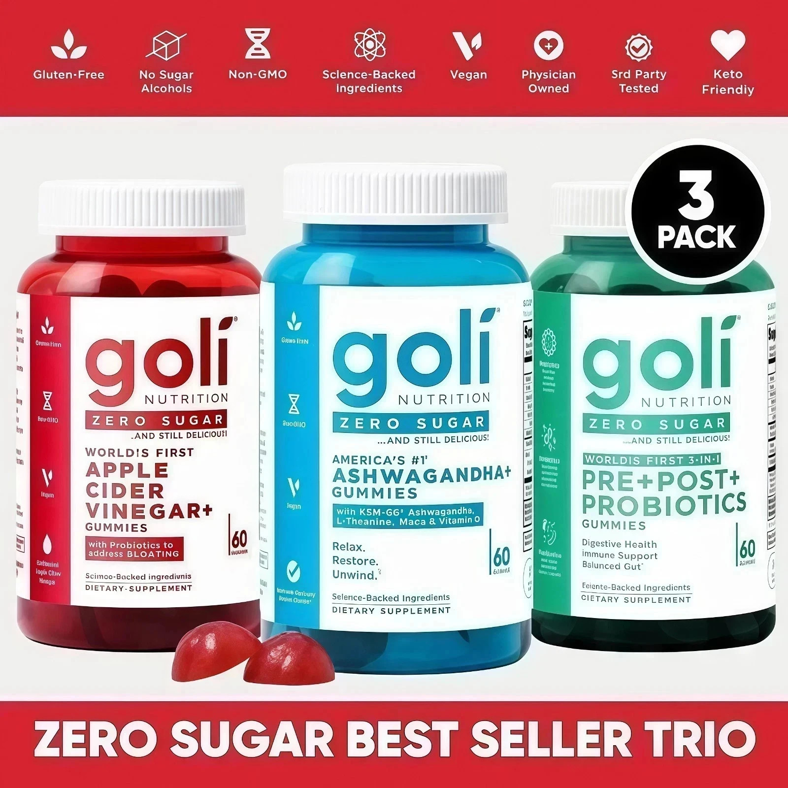 Goli Zero Sugar Gummies – 3-Bottle Trio Set, 60 Gummies Each