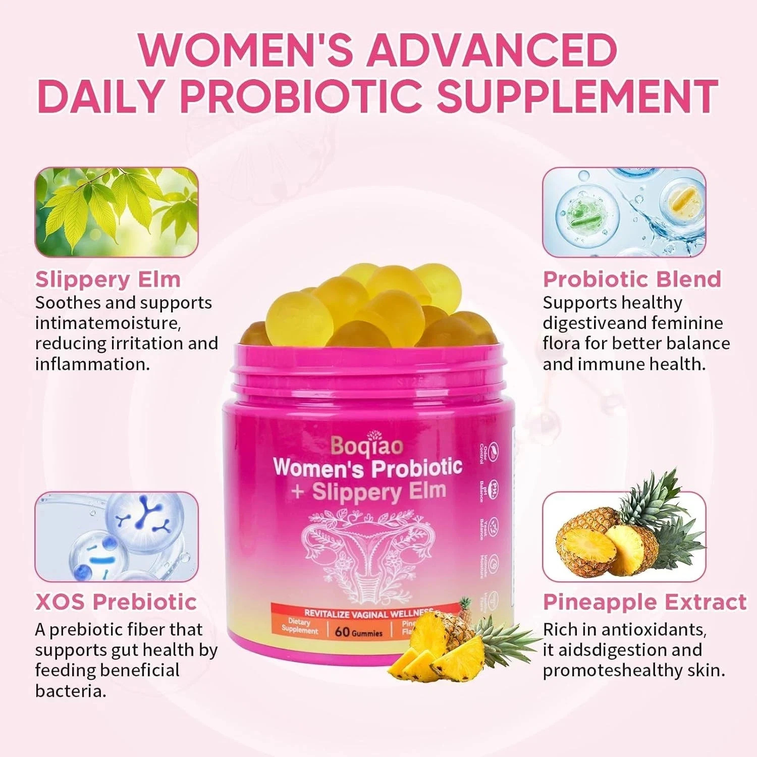 Probiotic Gummies + Slippery Elm Support Flora Women ph Balance Pineapple Flavor