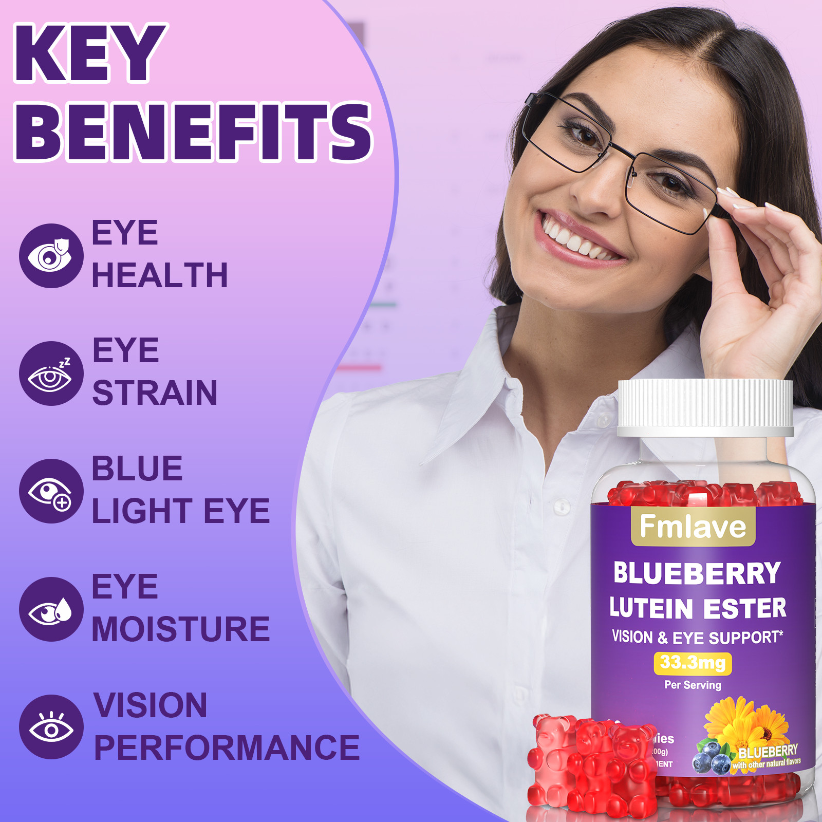 Eye Health Gummies with Lutein Ester Vision Support Relief Eye Strain 60 Gummies