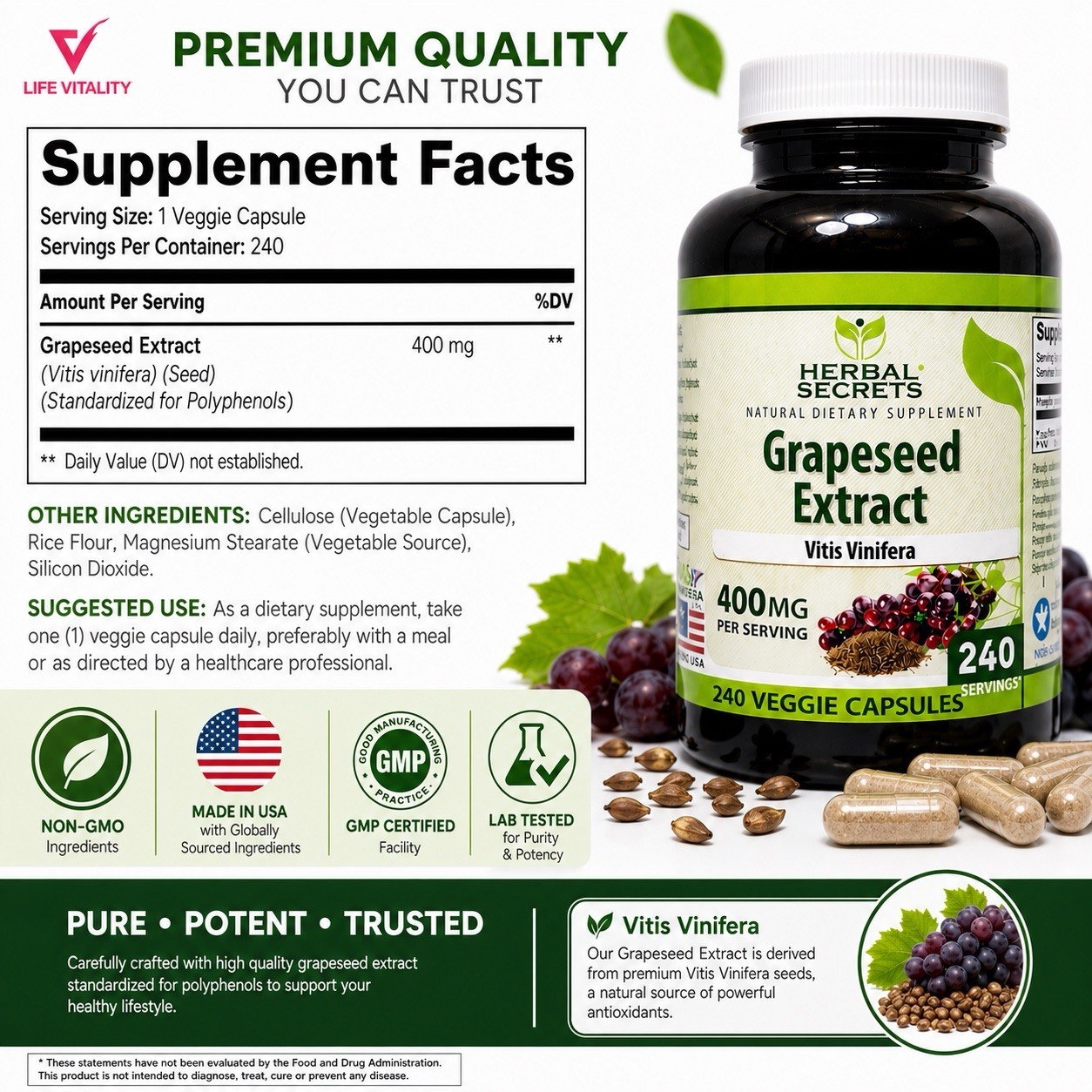 Grapeseed Extract 400mg 240 Capsules Antioxidant Support Vitis Vinifera NOM GMO