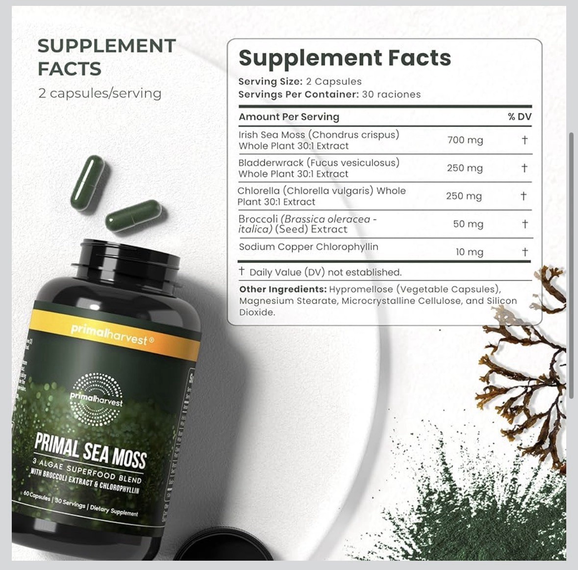 Primal Harvest Sea Moss Capsules w Bladderwack Irish Sea Moss, Chlorella 60 Ct.