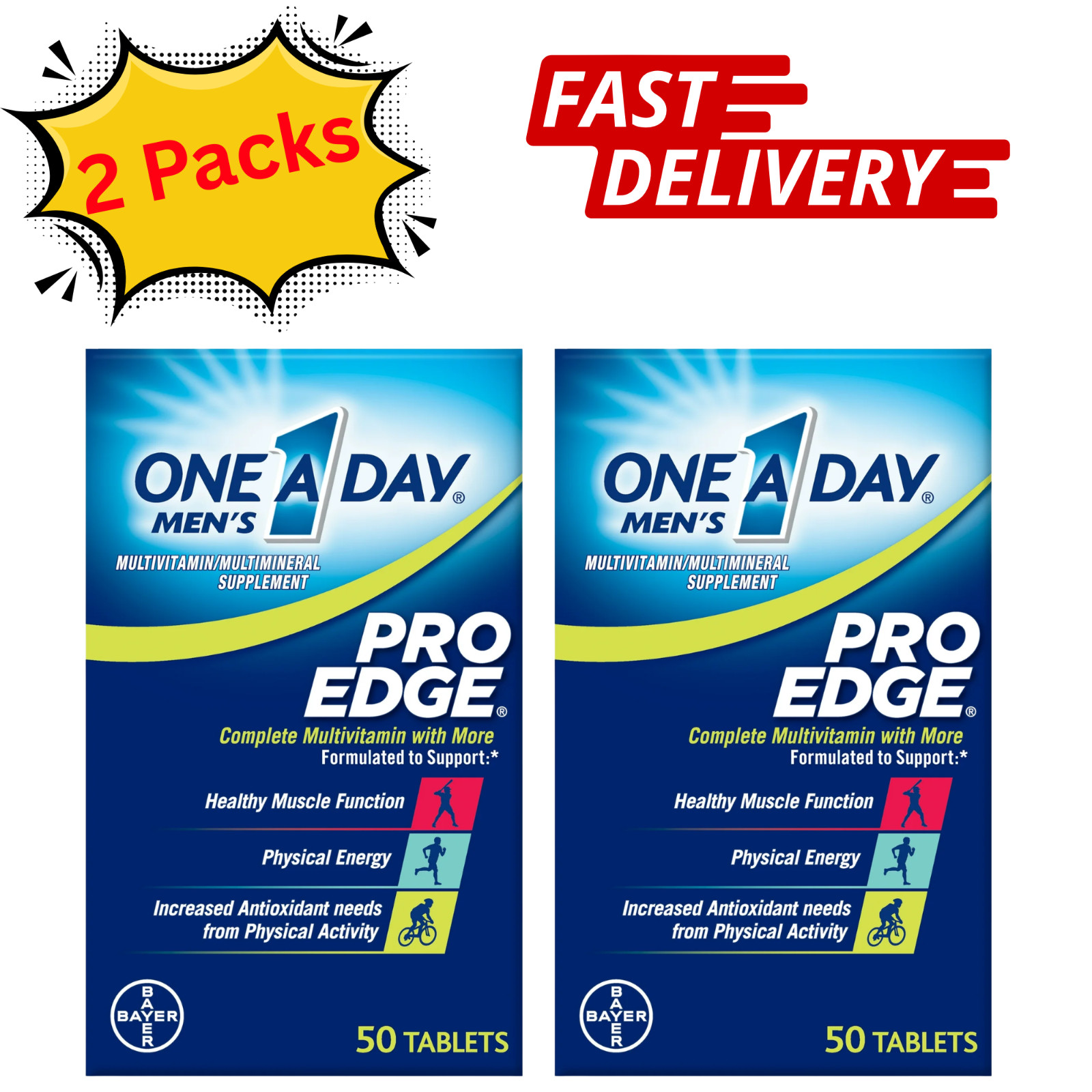 2 Pack One A Day Men’s Pro Edge Multivitamin 50 Tablets Energy Muscle Support
