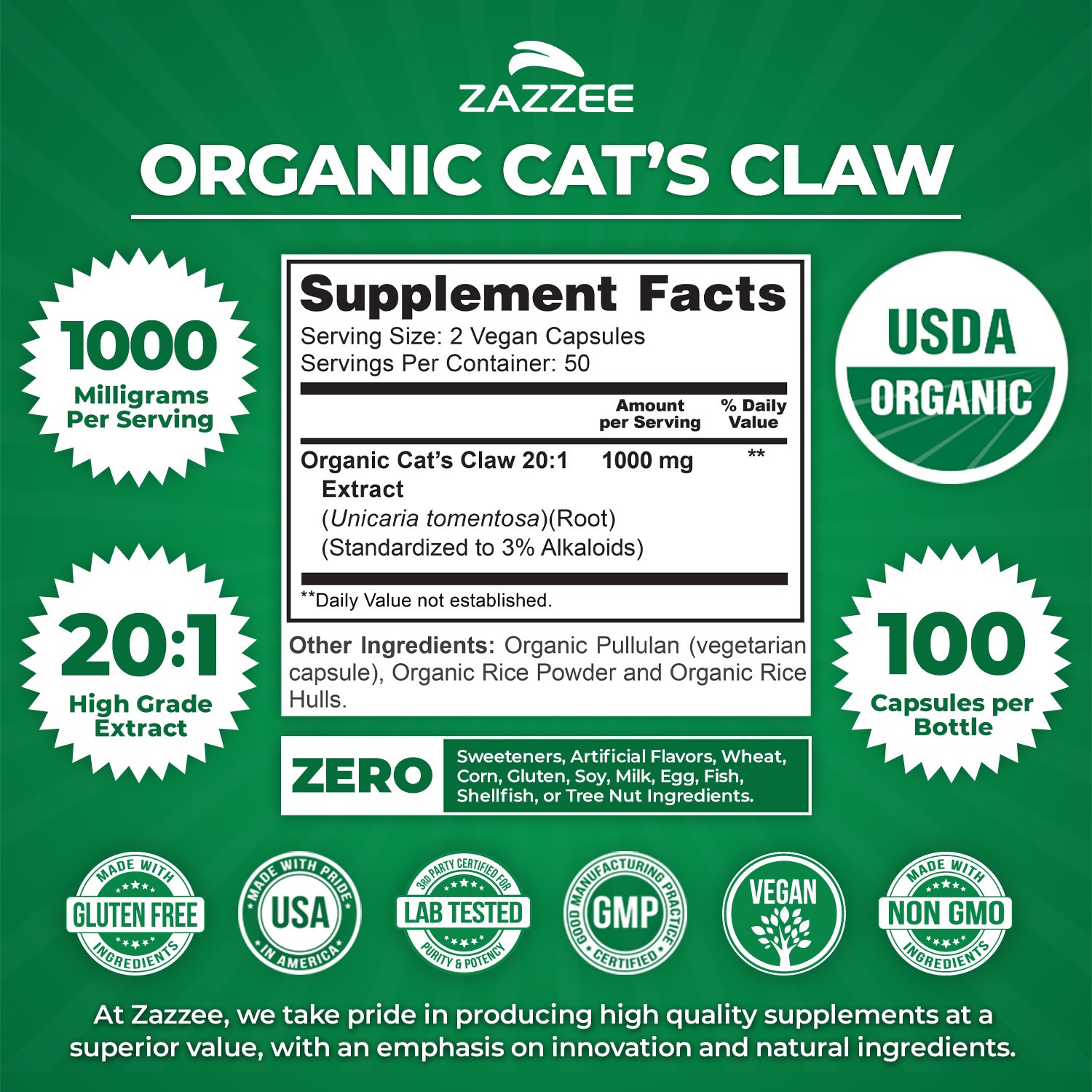 USDA Organic Cat’s Claw 20:1 Extract, 1000 mg, Standardized to 3% Alkaloids