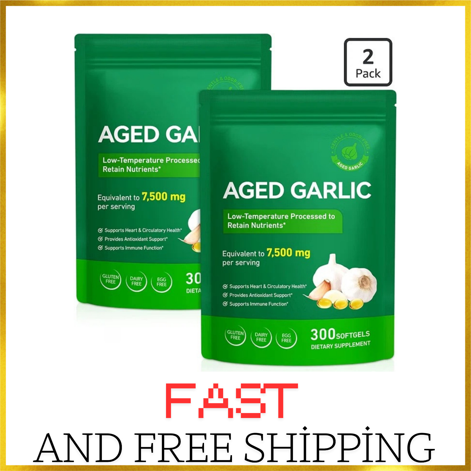 2 Pack Best Aged Garlic Extract, 300 Softgels, 7500mg Odorless | Heart & Immune