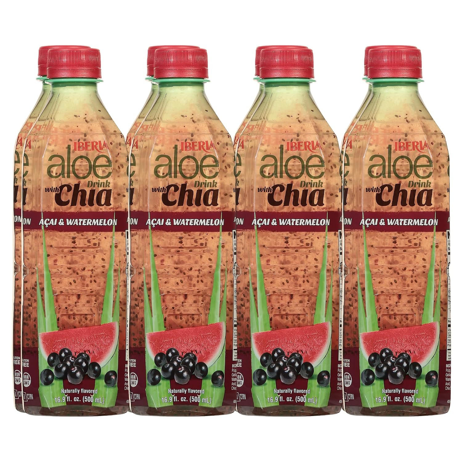 Aloe Vera Drink with Aloe Pulp and Chia Seeds, Acai and Watermelon, 16.9 Fl Oz (
