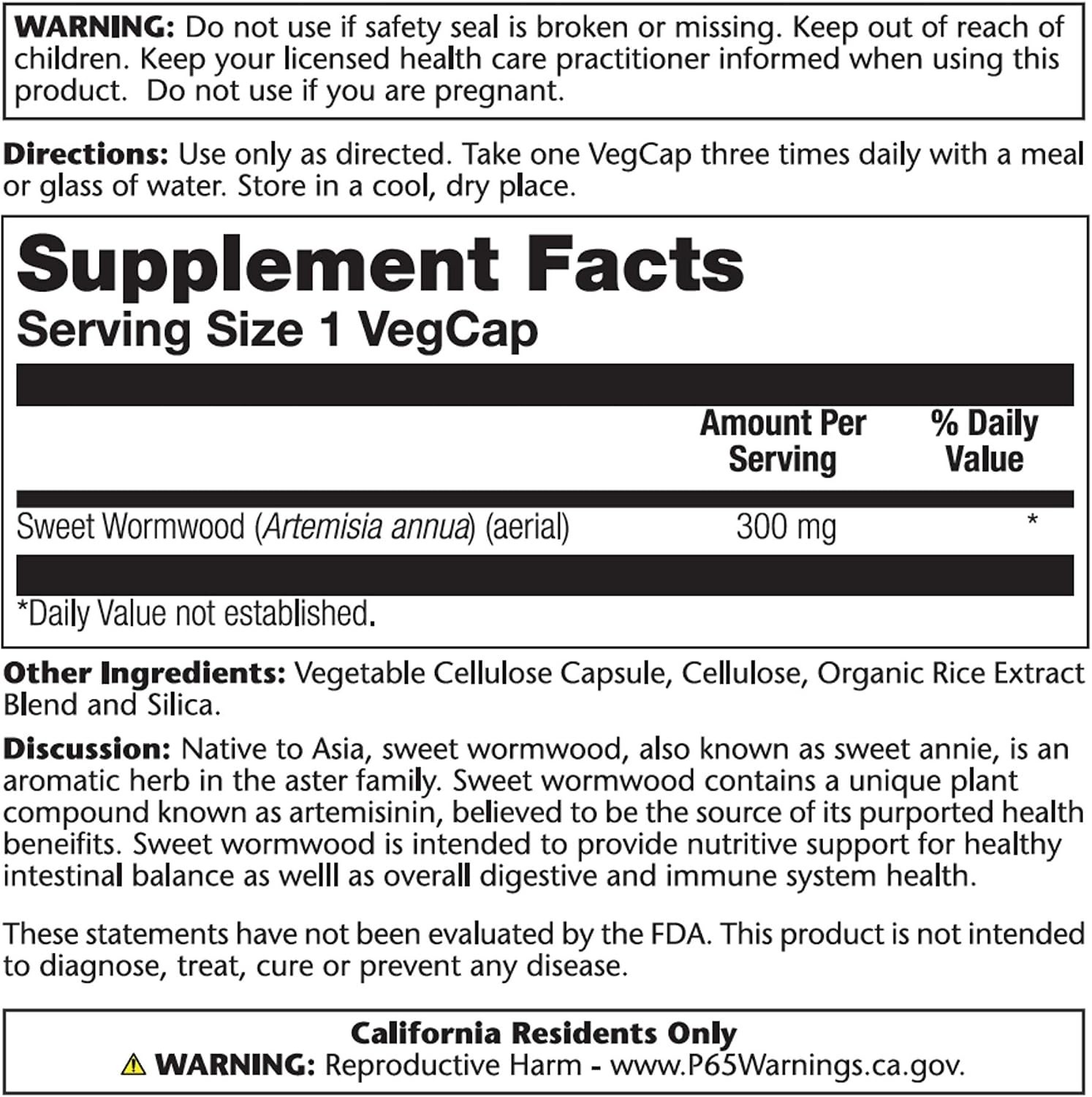 Solaray Sweet Wormwood Aerial 300 mg 100 Capsules 300mg Expires 9/2028