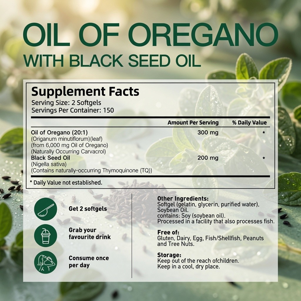 Vivonu Oil of Oregano Black Seed Oil 6200mg 300 Softgels High Carvacrol