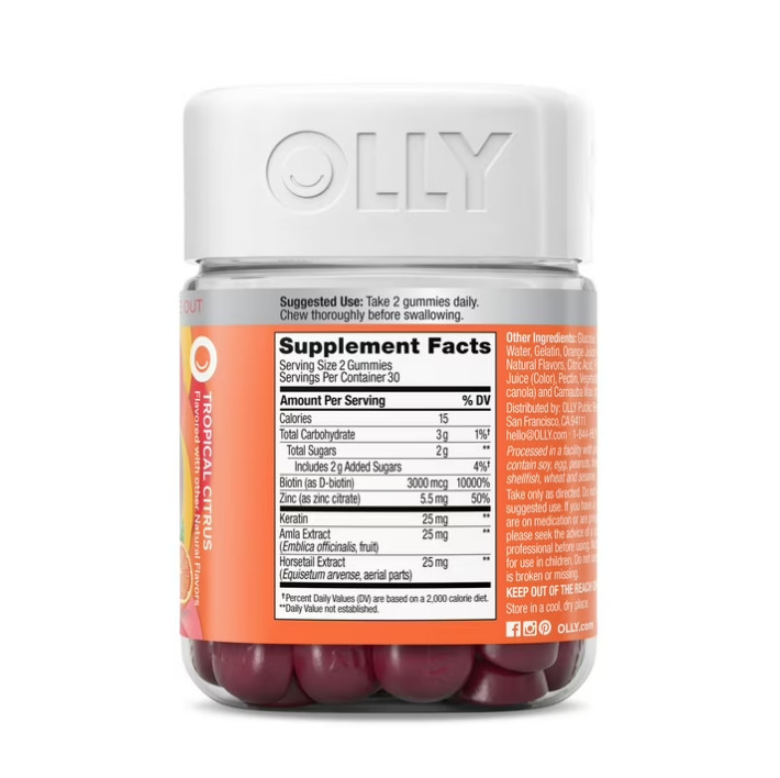 3 Pack OLLY Heavenly Hair Gummy Supplement, Tropical Citrus Flavored, 60 Ct Pk