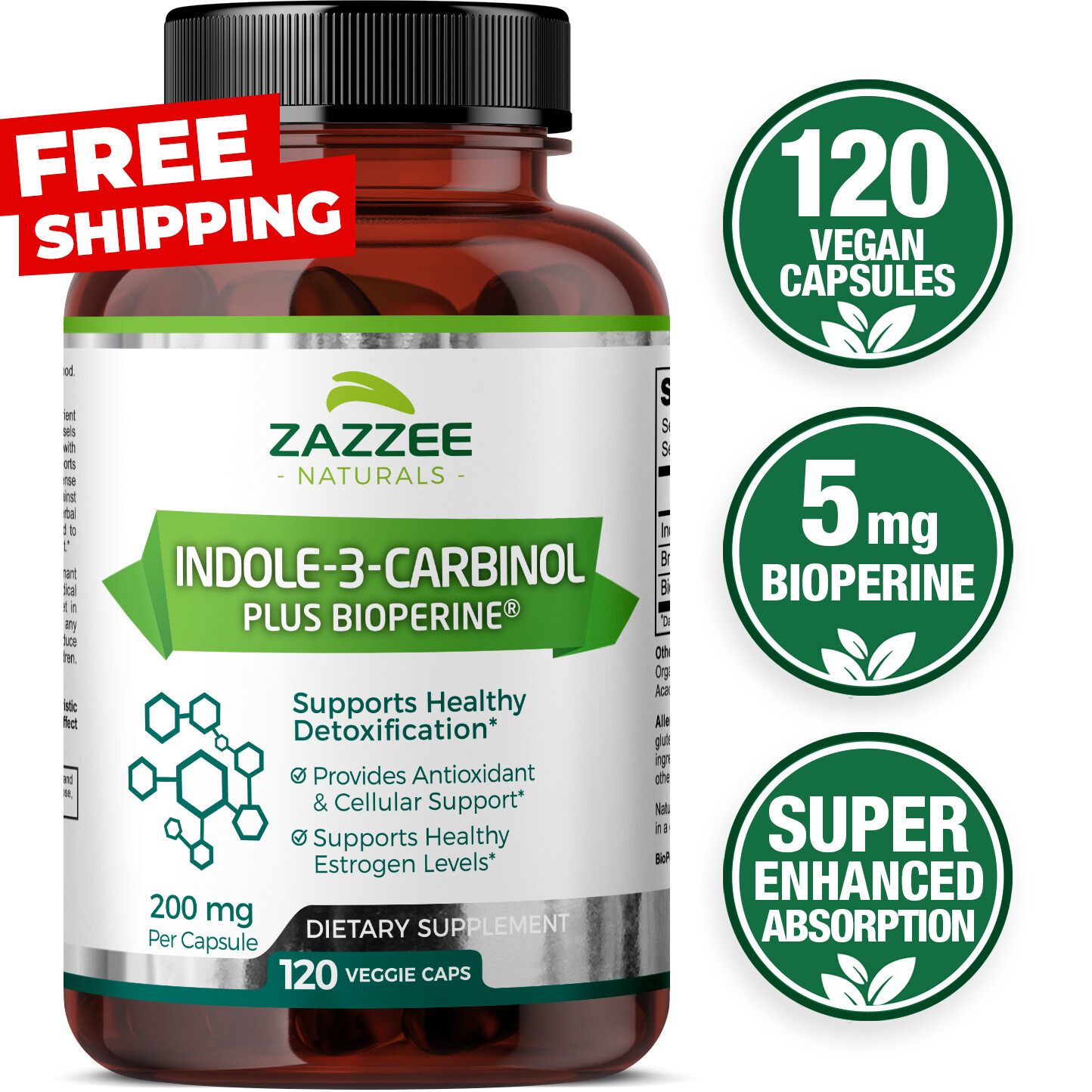 Indole-3-Carbinol (I3C) 120 Veggie Capsules 200 mg 100% Pure 10 mg BioPerine