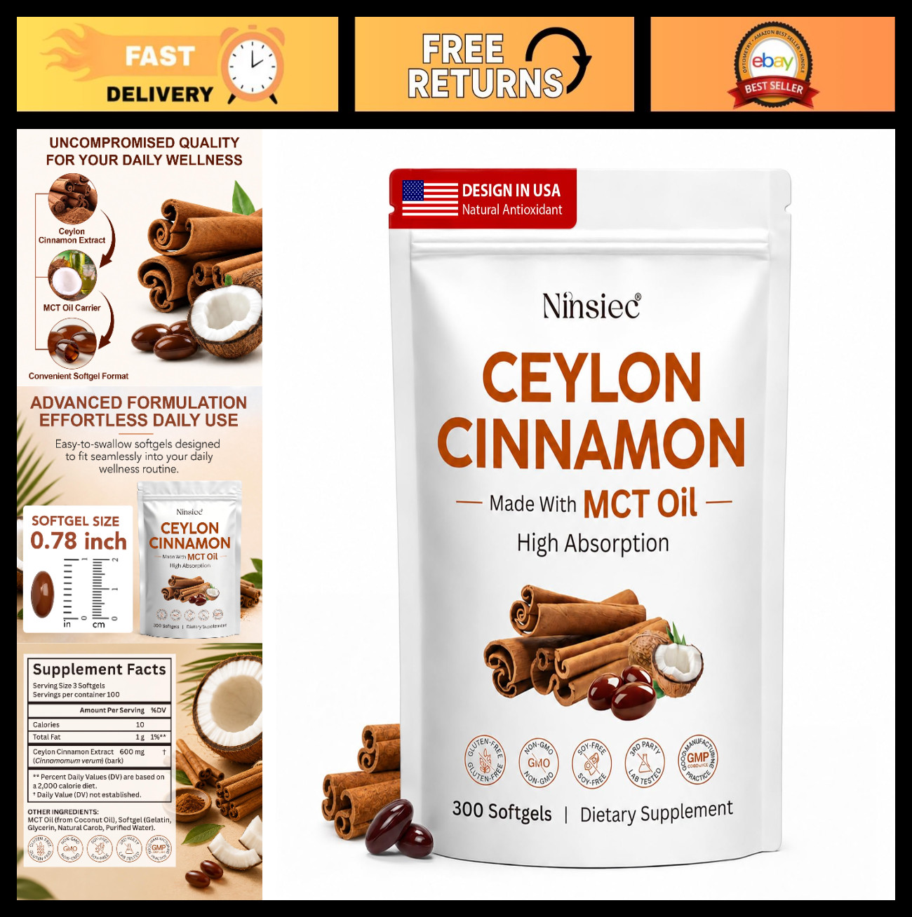 Organic Ceylon Cinnamon & MCT Oil 1200mg Softgels – Energy, Metabolism Boost, 30