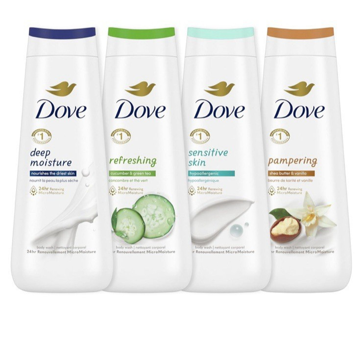 Pack Of 4- Dove Body Wash 20 Fl Oz Sensitive+Deep Moisture+Refreshing+Pampering