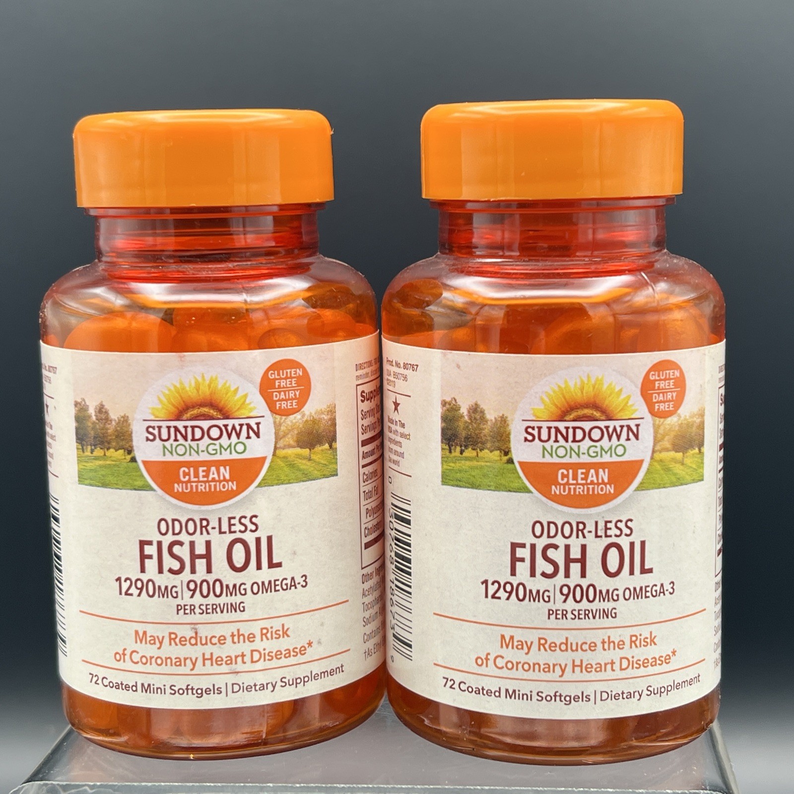 Lot of 2- Sundown Odorless Fish Oil, 1290mg, Omega 3 Supplement, Heart Support