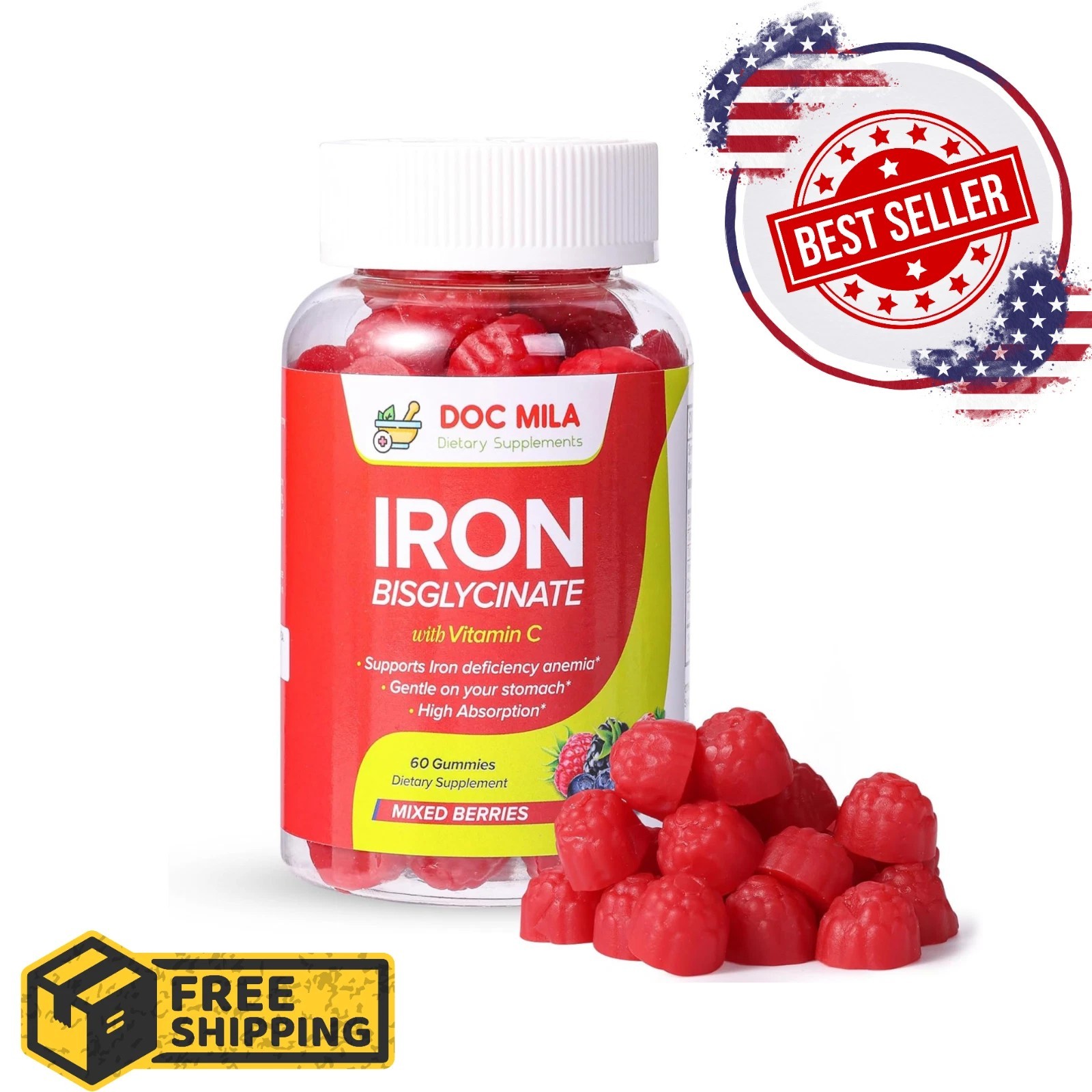 Iron Bisglycinate Gummies 25mg with Vitamin C 60ct Kids & Adults