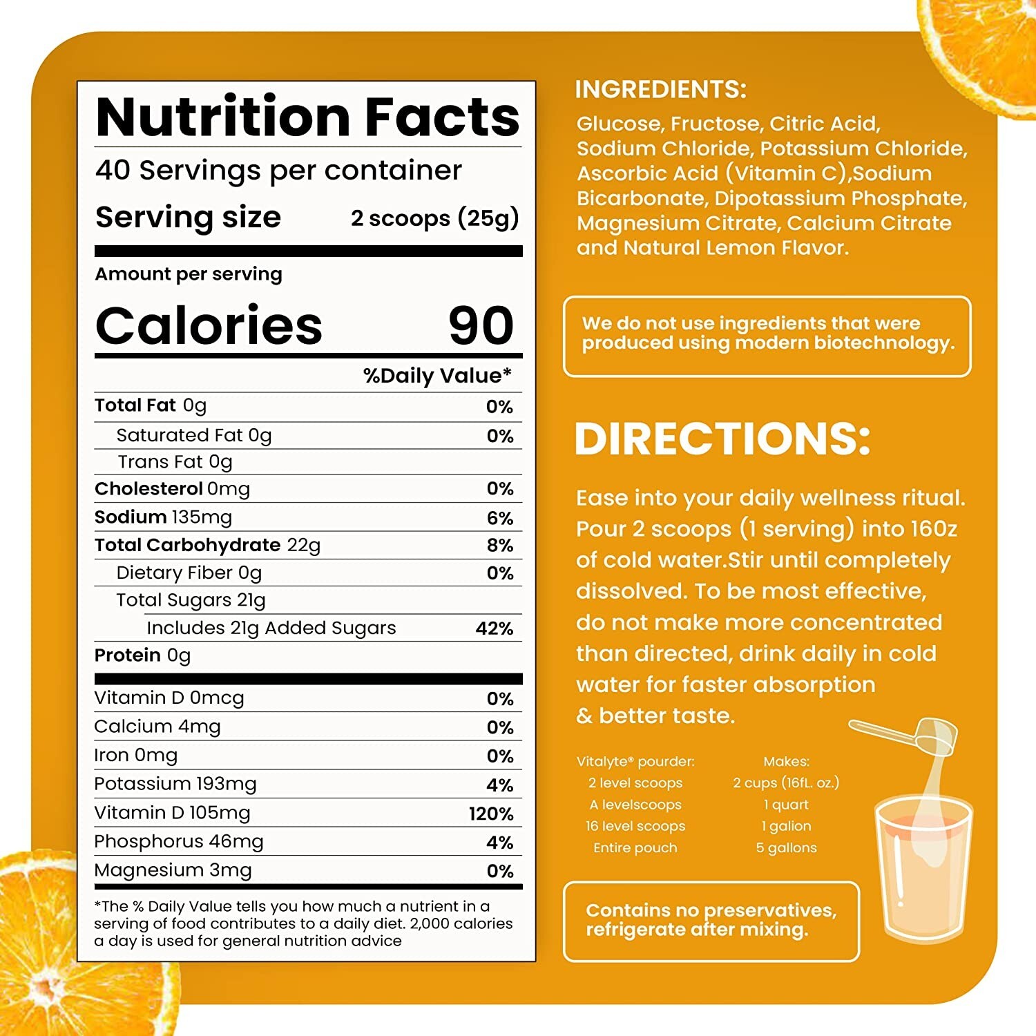 Vitalyte Electrolyte Powder, 35 oz, 40 Servings Per Container – Orange