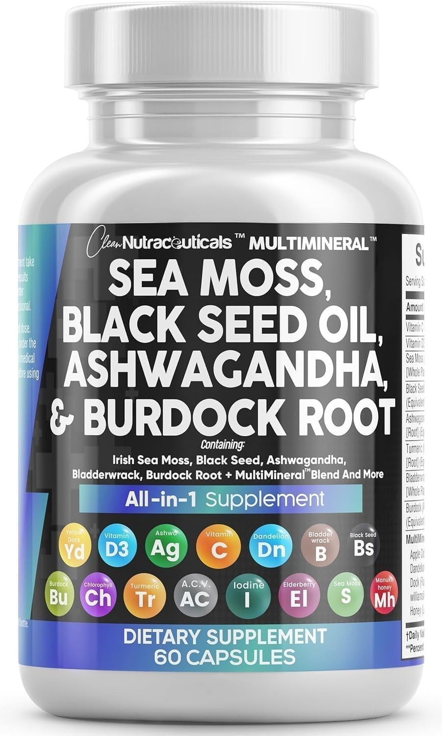 Clean Nutraceuticals Sea Moss Blend Black Seed Ashwagandha Vitamins 60 Caplets