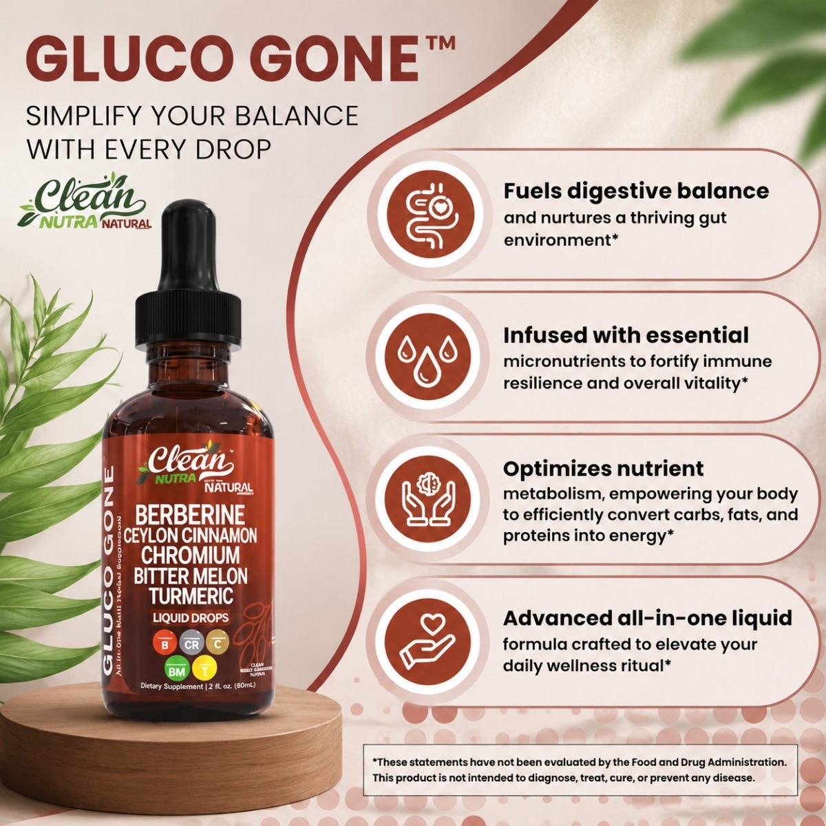 Clean Nutra Gluco Gone Liquid, Berry Cinnamon Flavor Easy Mix Daily Wellness