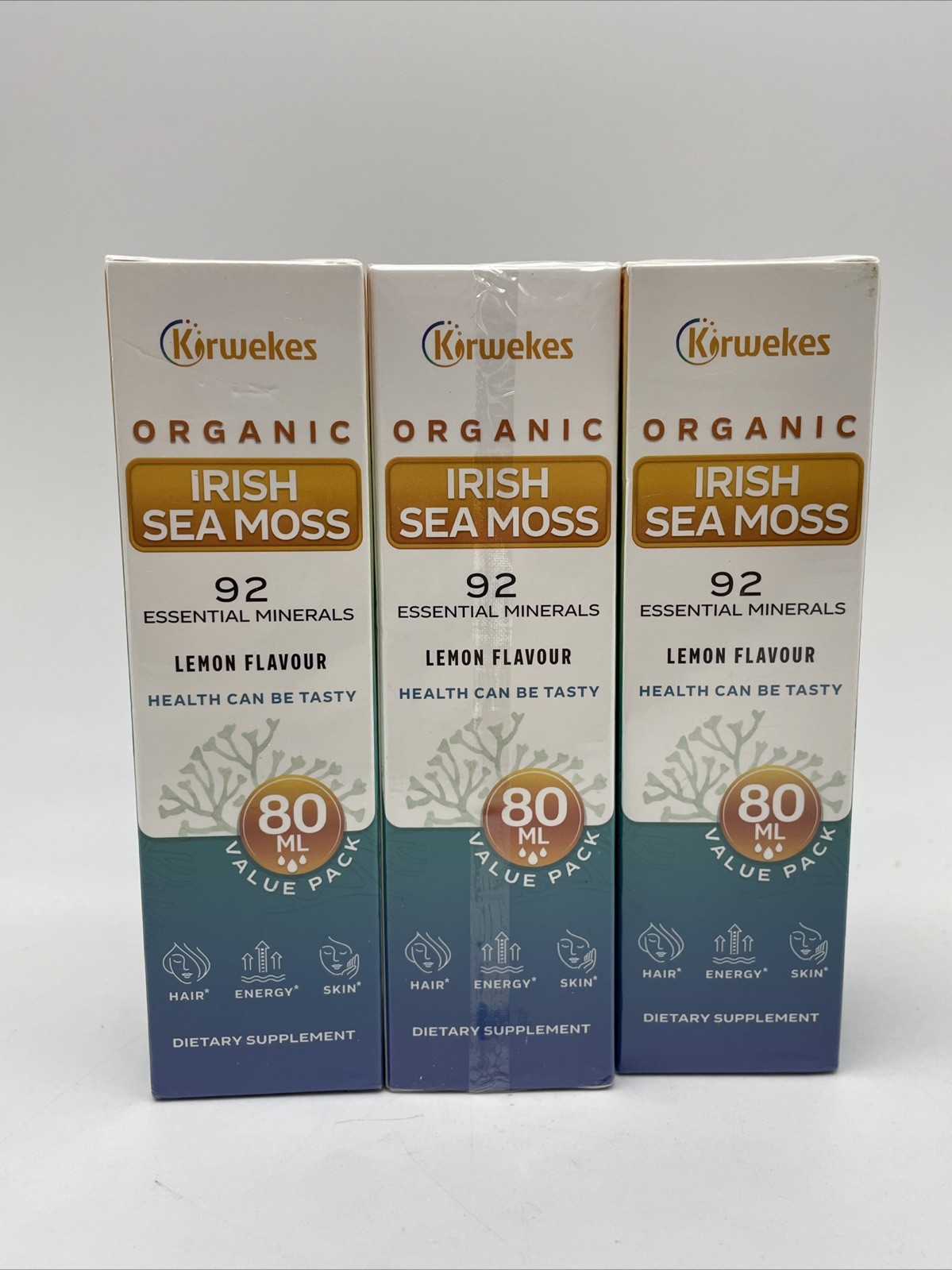 3X Korwekes Organic Irish Sea Moss Liquid Drops Lemon Flavour 80ml EXP 02/26