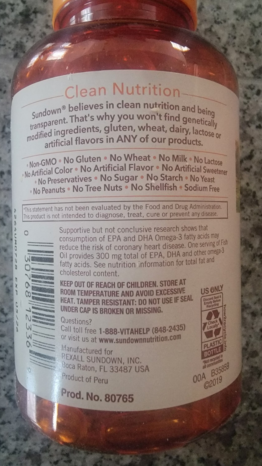 1 Sundown Fish Oil 1000 mg / 300 mg Omega 3 Heart and Circulatory 144 Softgel