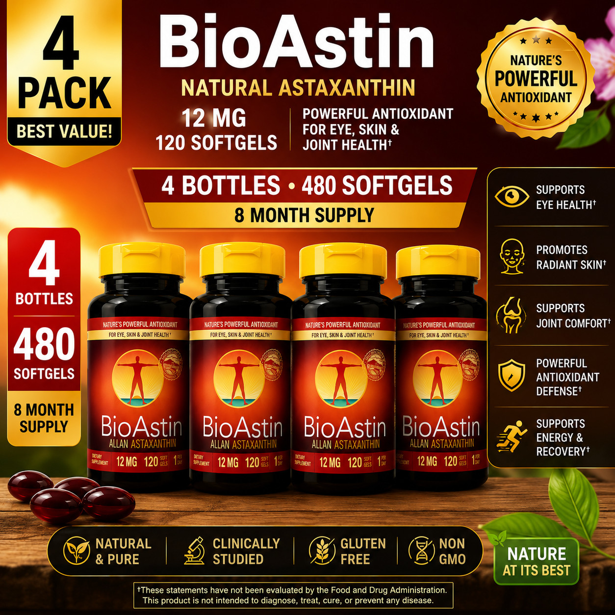 BioAstin Astaxanthin 12mg 120 Softgels 4 Pack Hawaiian Antioxidant Supplement