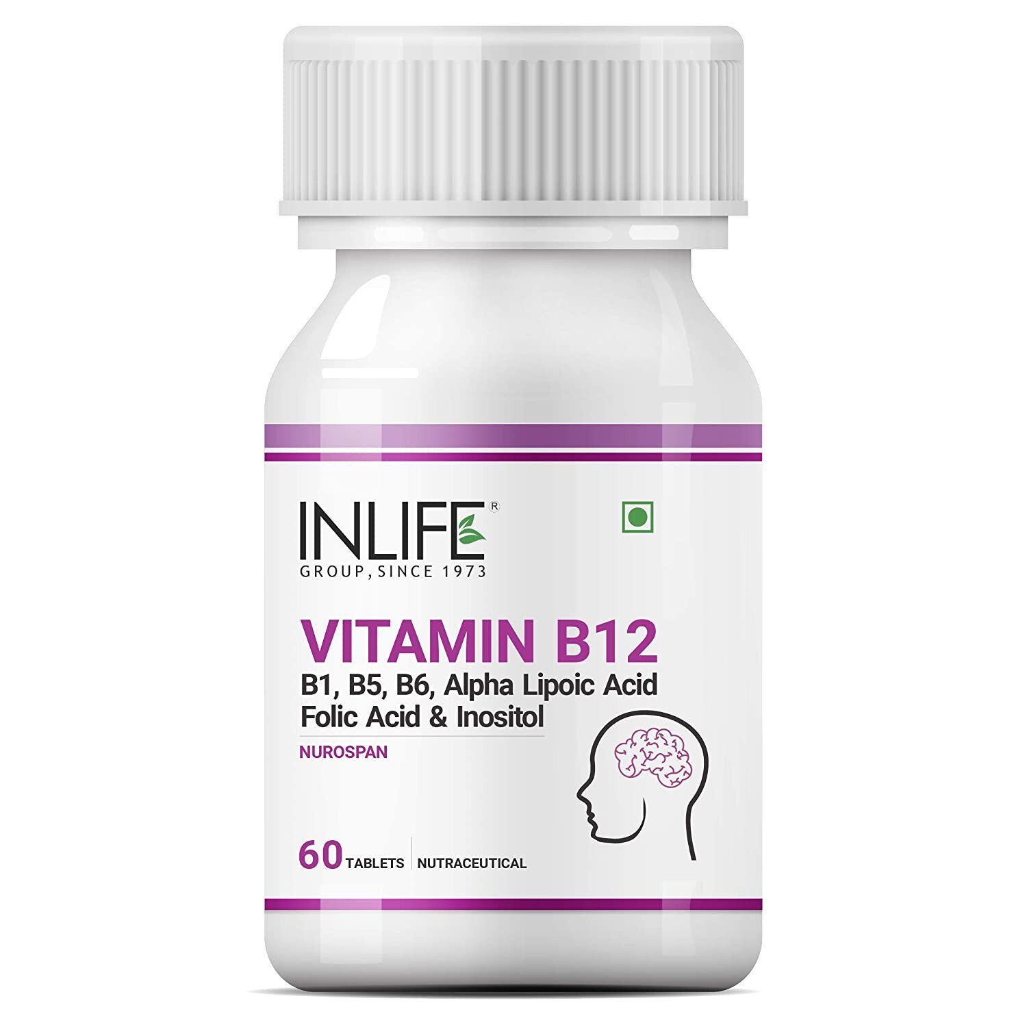 INLIFE Vitamin B12 with B1, B5, B6, Alpha Lipoic Acid ALA, Folic Acid, 60 tablet