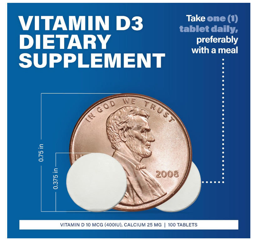 Vitamin D3 400 IU 10mcg with Calcium 25mg Bone Immune Health Supplement 100 Tabs