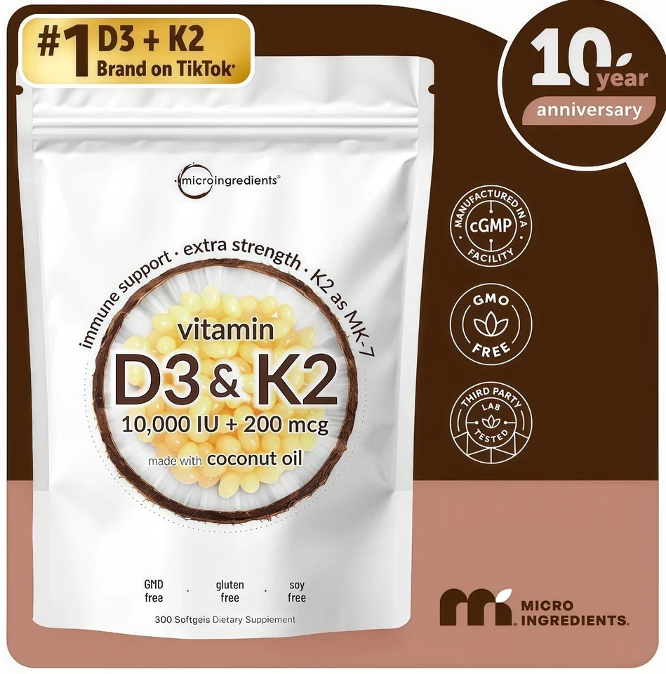 Vitamin D3 10000 iu Plus K2 (MK-7) 200 mcg, 300 Virgin Coconut Oil Softgels