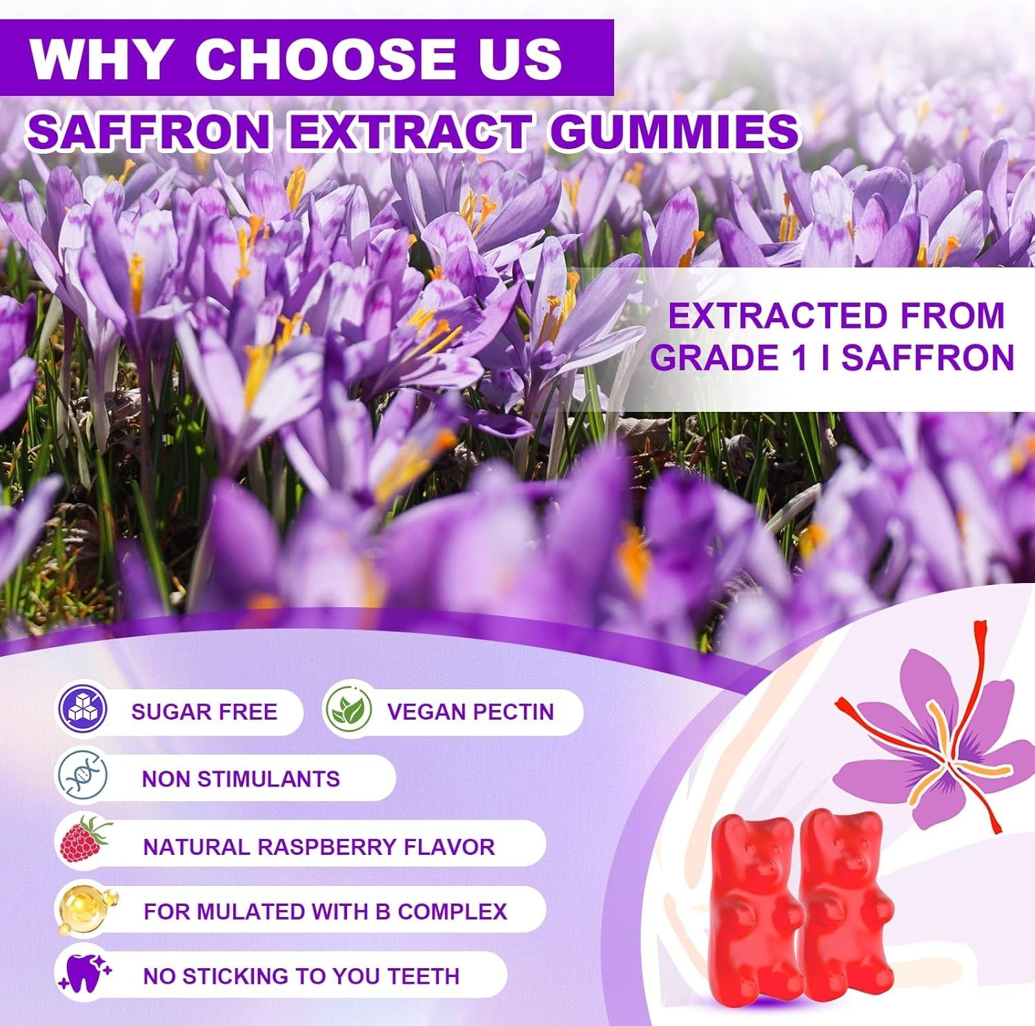 Gummy Saffron Supplements for All Ages – 10-in-1 Health Blend, Raspberry Flavor