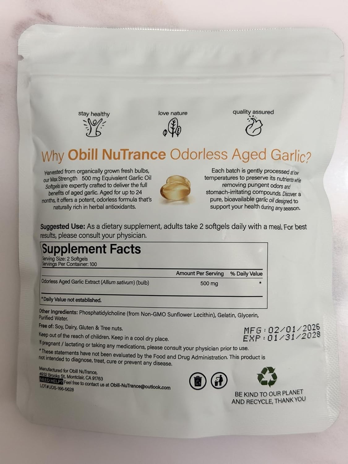 Obill NuTrance Aged Garlic Extract, Odorless Organic Garlic Supplements, 2 Years