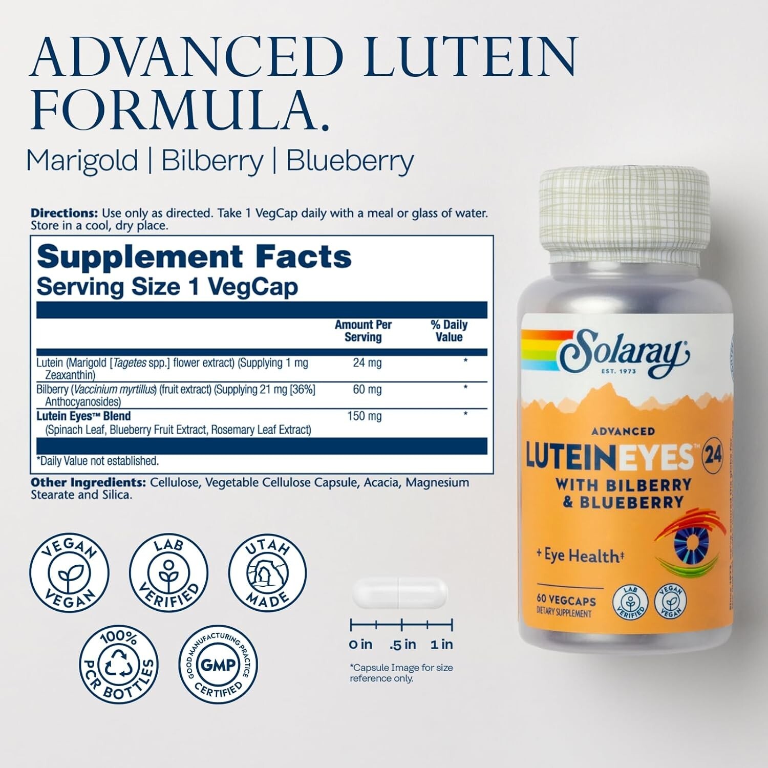 Solaray Advanced Lutein Eyes 24mg with Bilberry & Blueberry 60 Caps Exp. 2029