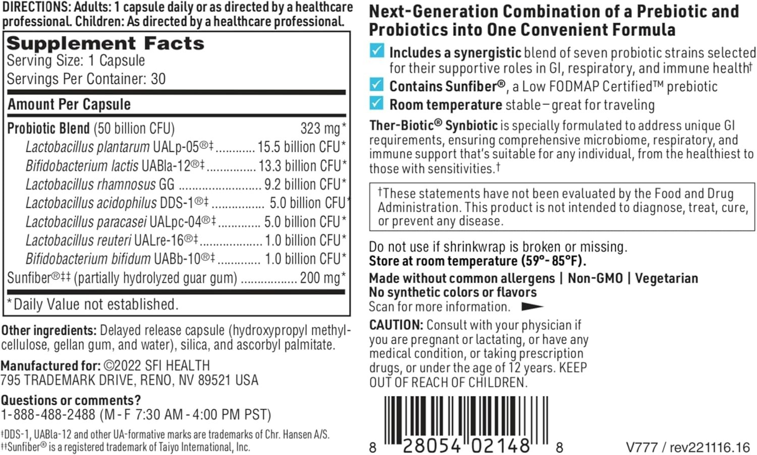 SFI Health Ther-Biotic Synbiotic 50 Billion CFU Probiotic Sunfiber 30 Capsules