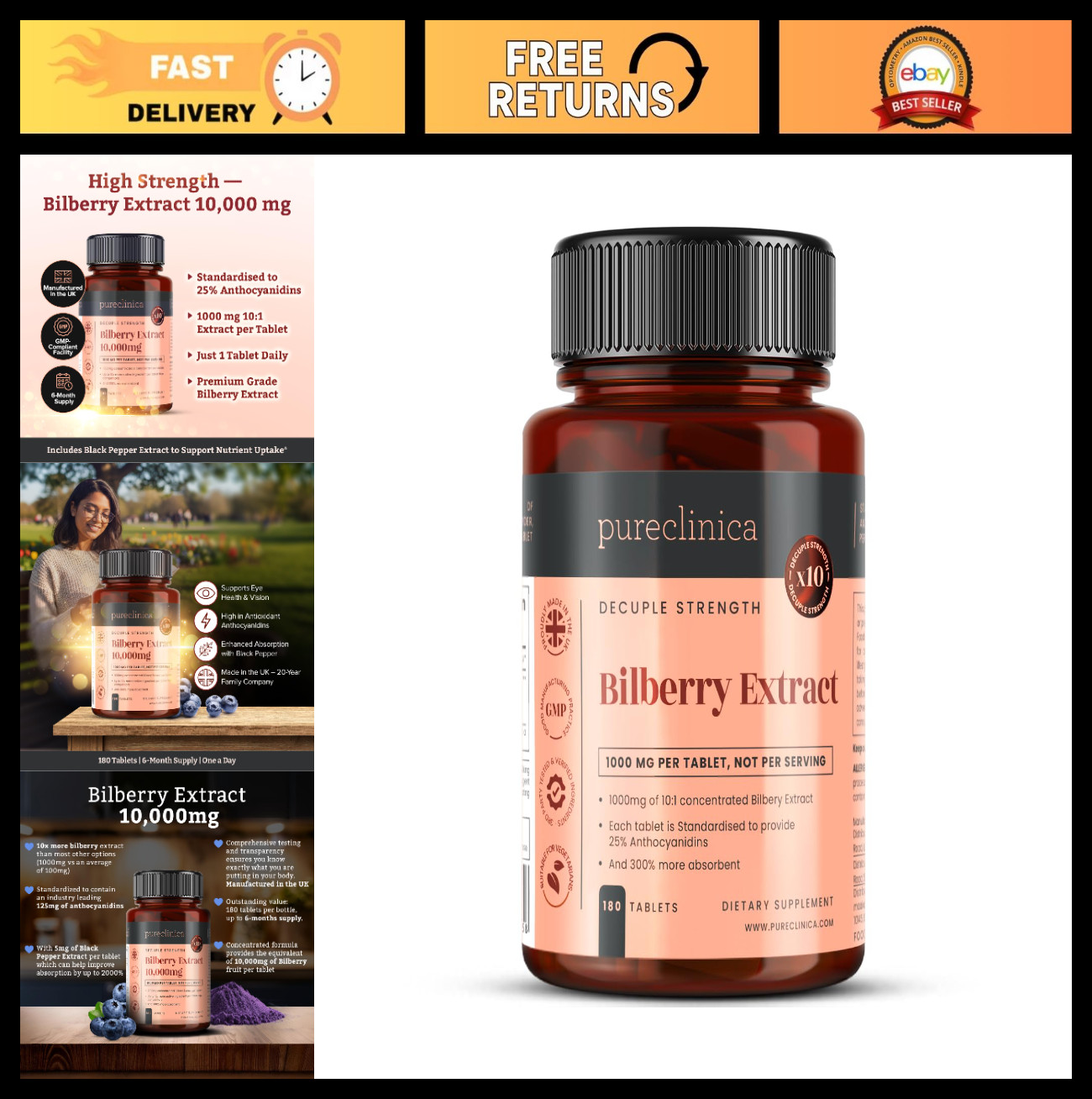 High Strength Bilberry Extract 1000mg with Black Pepper – 180 Tablets, 6 Month S