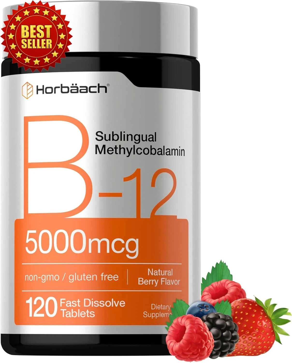 Horbäach B12 Vitamin 5000 Mcg 120 Fast Dissolve Sublingual Vegan Non-gmo