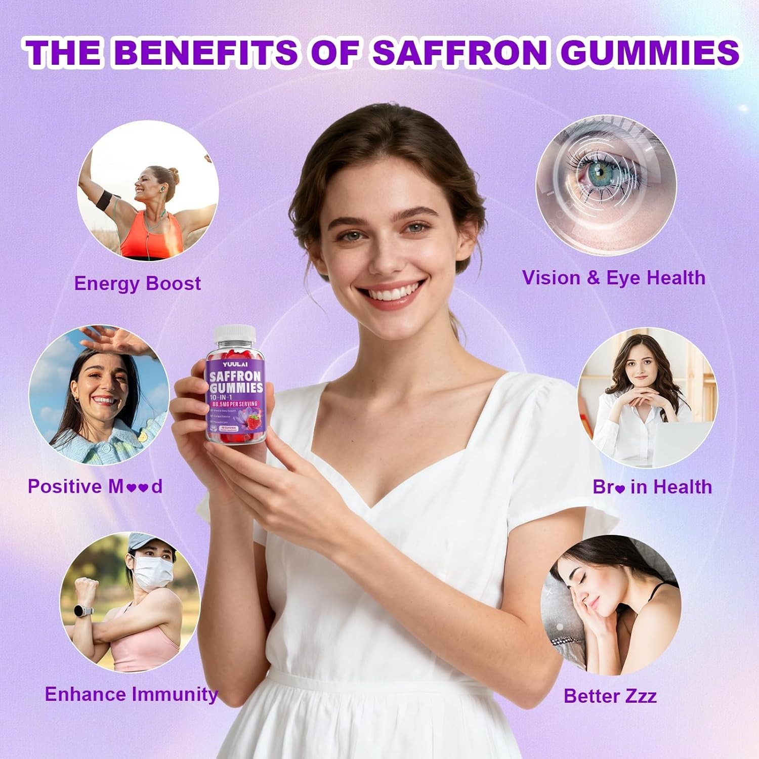 Gummy Saffron Supplements for All Ages – 10-in-1 Health Blend, Raspberry Flavor