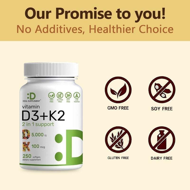 NEW Vitamin D3 5000 IU with K2 MK7 250 Veggie Softgels Bone Immune Support