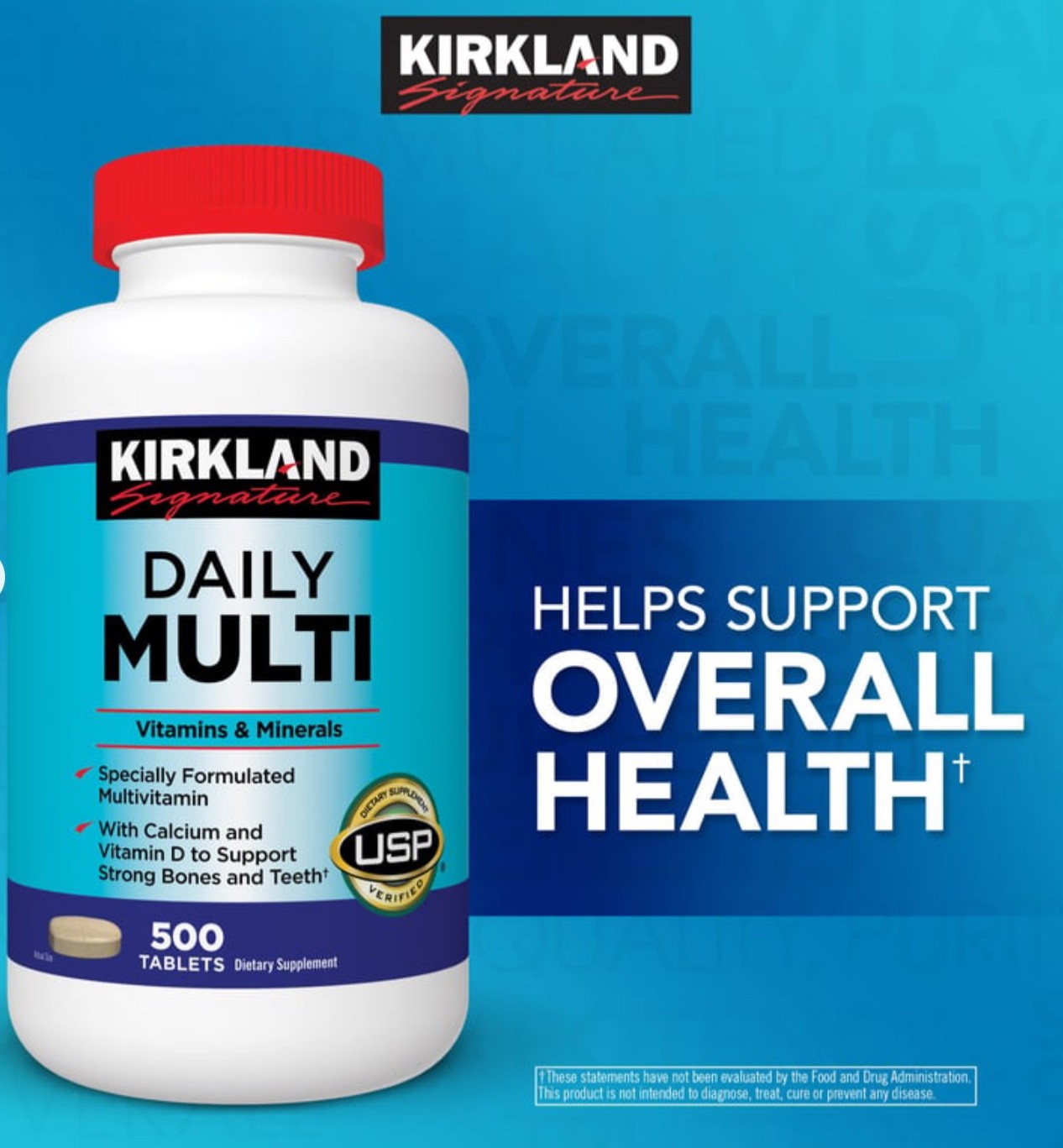 Kirkland Daily Multi, 500 Tablets, Multivitamin, With Calcium & Vitamin D, – USP