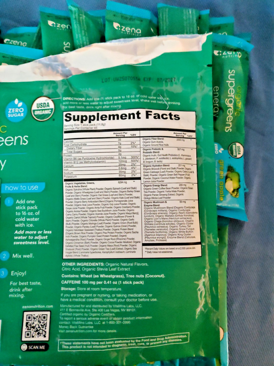 Zena Organic Supergreens Plus Energy Apple 45 Stick Exp: 7/2027 – Open Bag
