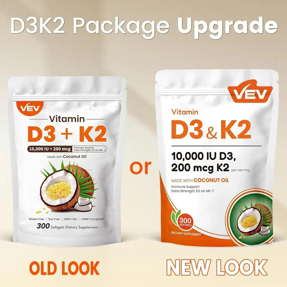 VEV Vitamin D3 K2 MK7 Softgels,10000IU D3 +200mcg K2 with Coconut Oil,300 Count