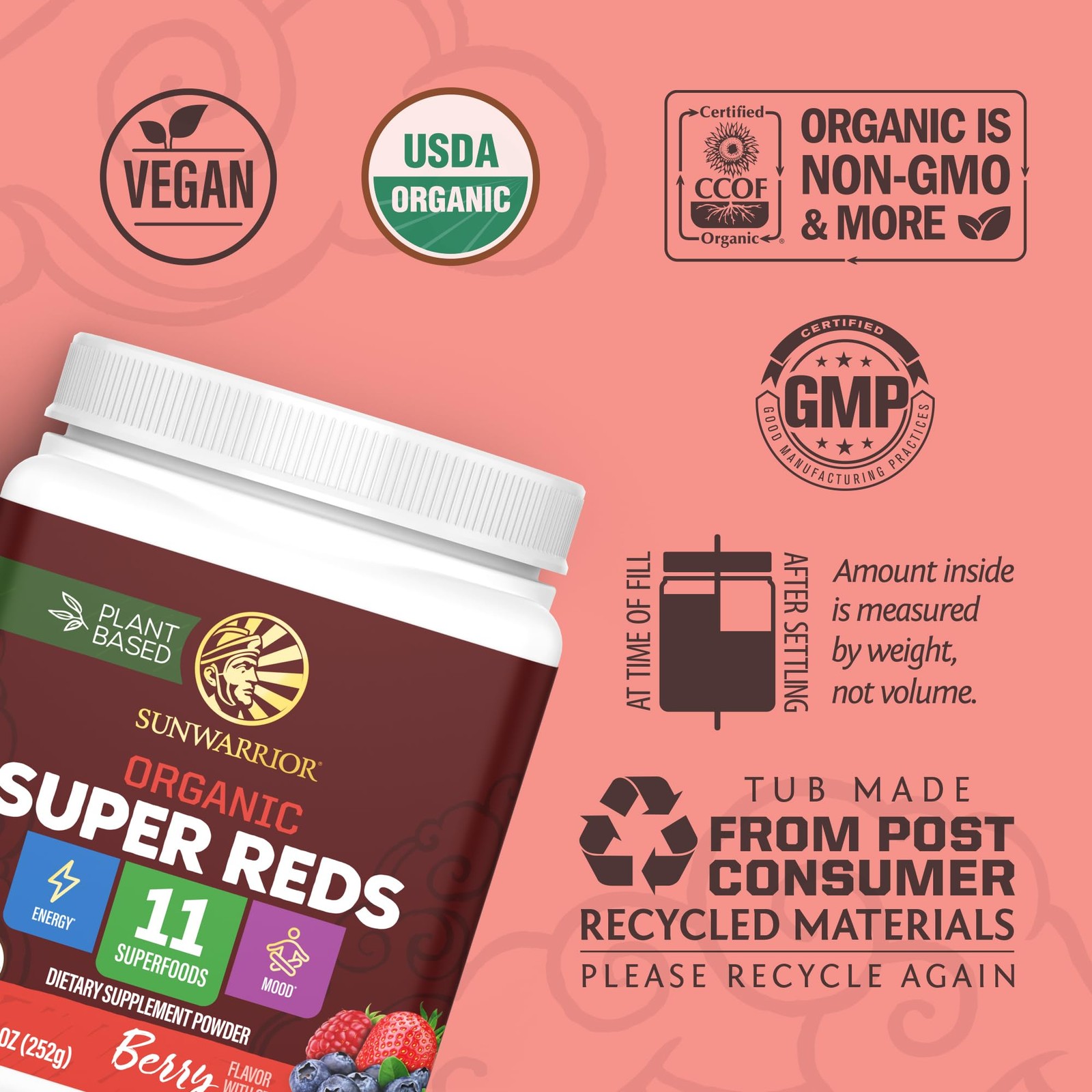 Organic Super Reds Powder 11 Superfoods with Beet Root, Berries, Reishi & Cor…