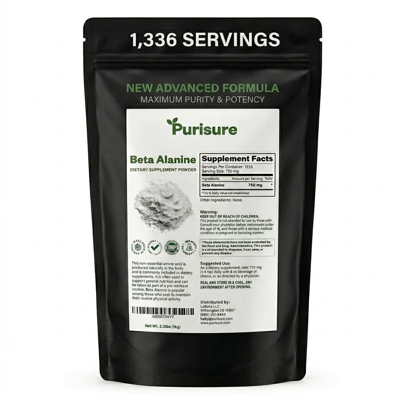 Purisure Beta Alanine Powder 1kg, Pure Beta Alanine Pre-Workout Supplement