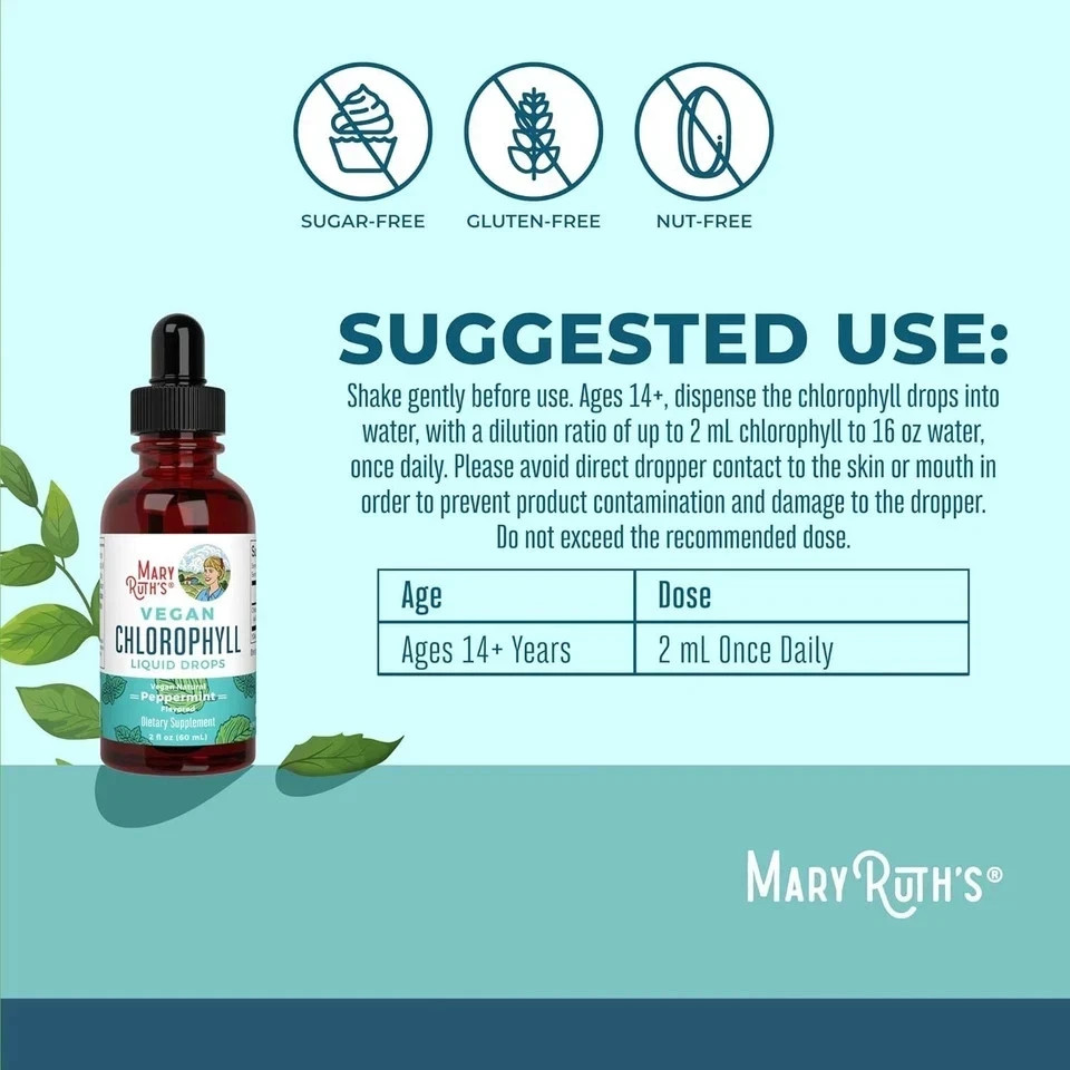 Mary Ruth’s Chlorophyll VEGAN Liquid Drops Peppermint Flavored 2 Fl Oz (60ml)