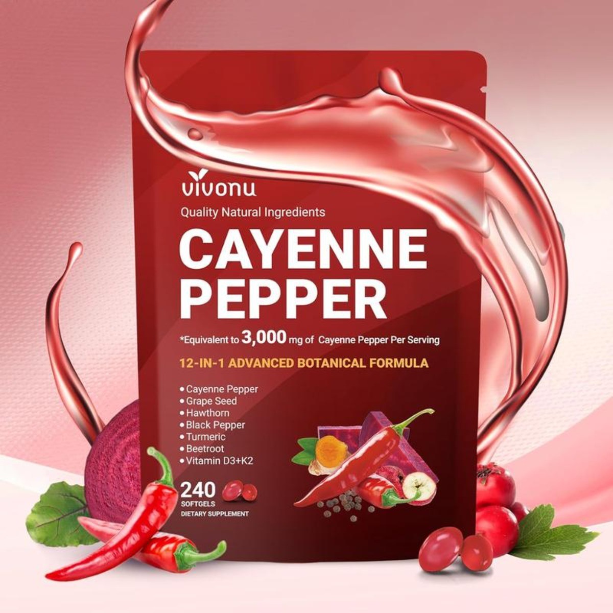Vivonu Cayenne Pepper Softgels Heart & Vascular Wellness Supplement 240 Softgels