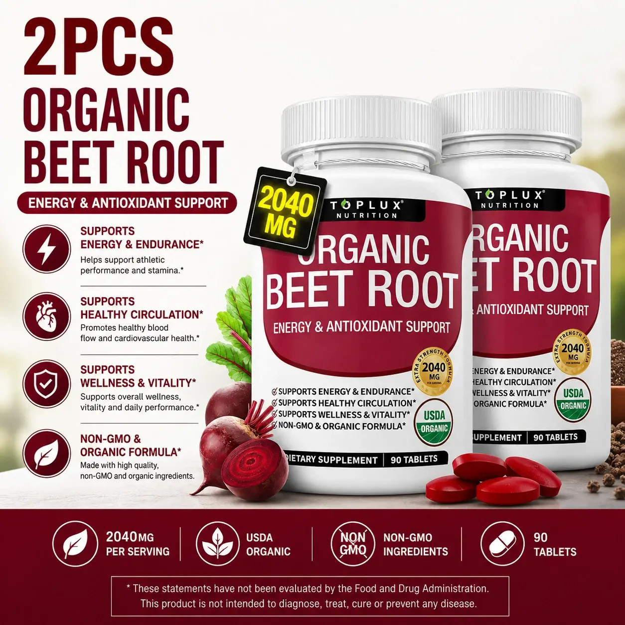 2 BOTTLES–NEW TopLux Organic Beet Root 2040mg––Energy Circulation & Antioxidant