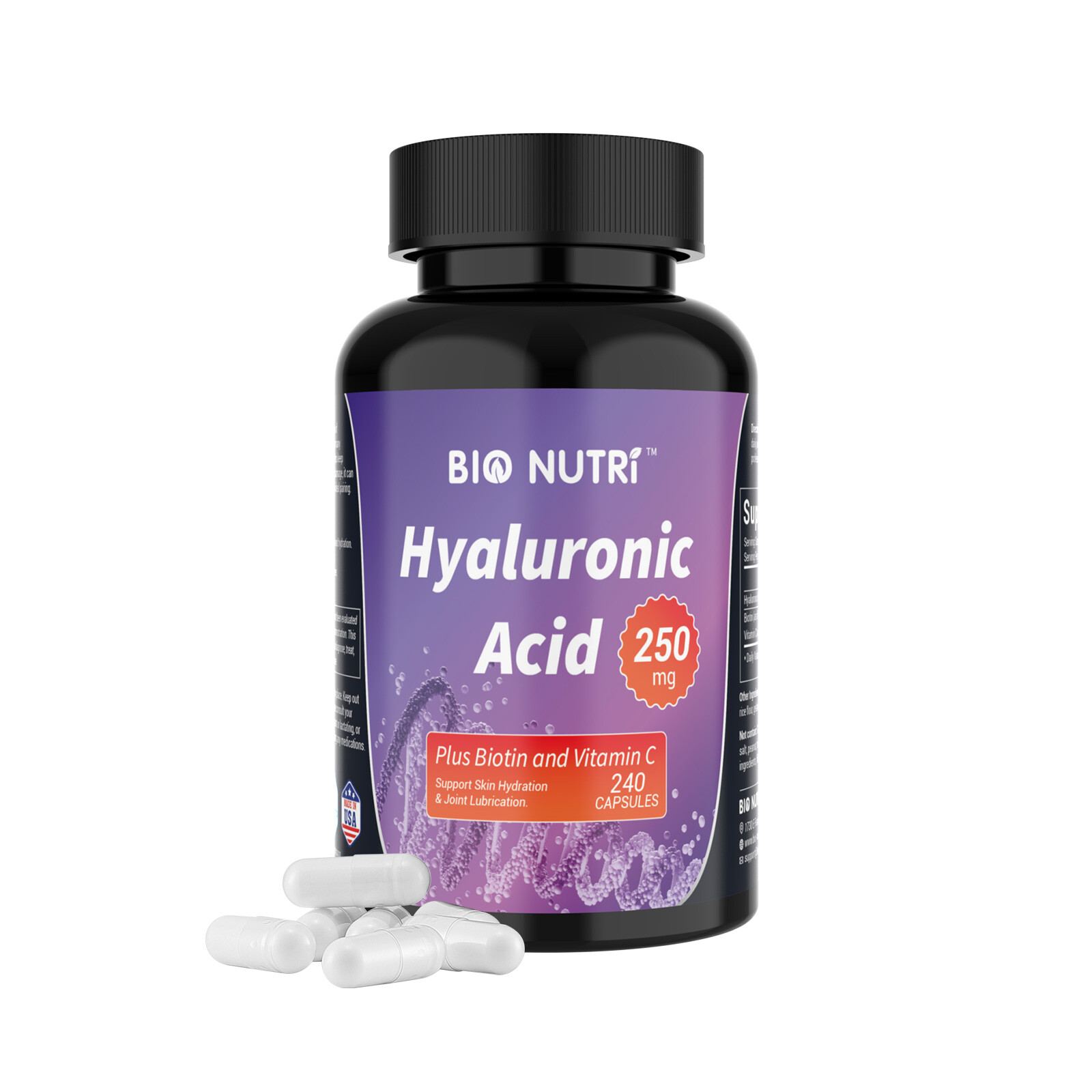 Hyaluronic Acid Supplements 250mg | 240 Capsules | with Vitamin C & Biotin, Skin