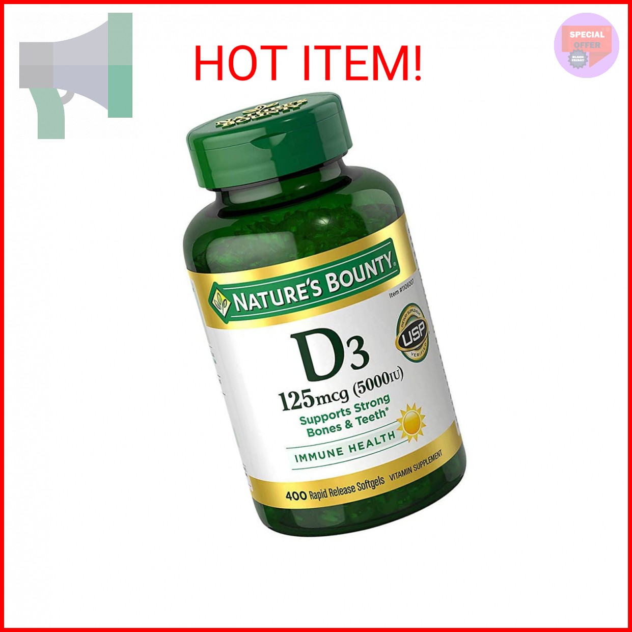 Nature’s Bounty Immune Health Vitamin D3 5000 iu, Rapid Release 400 Softgels