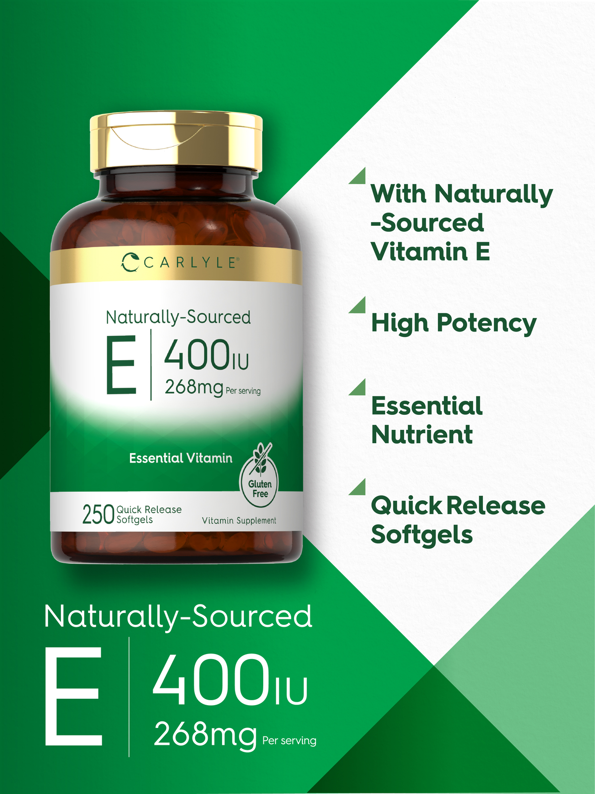 Vitamin E 400 IU | 250 Softgels | Naturally Sourced | Non-GMO | by Carlyle