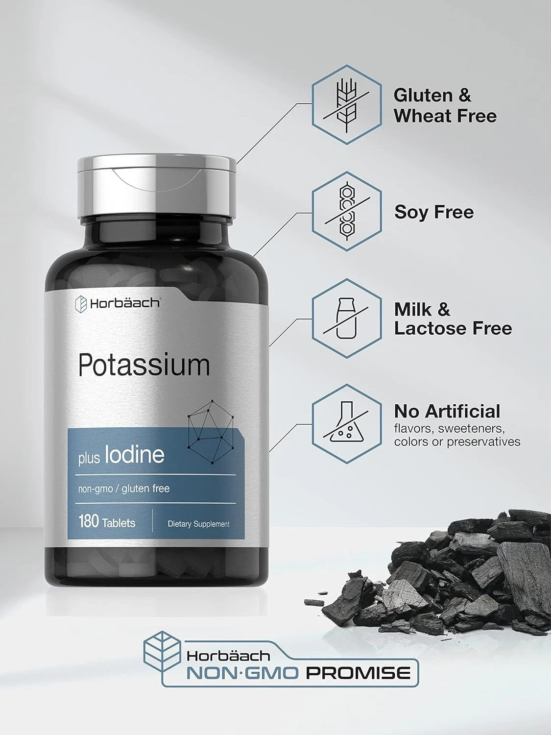 Horbäach Potassium Chloride Supplement | plus Iodine | 180 Vegetarian Tablets.