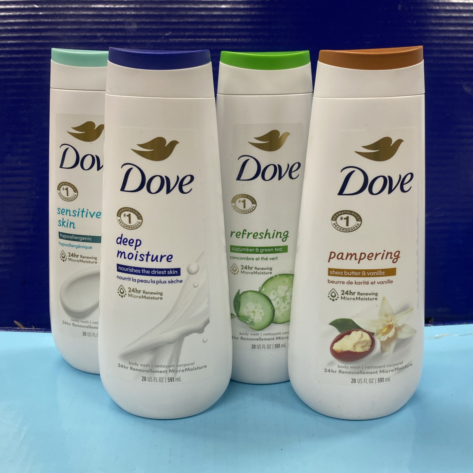 Pack Of 4- Dove Body Wash 20 Fl Oz Sensitive+Deep Moisture+Refreshing+Pampering
