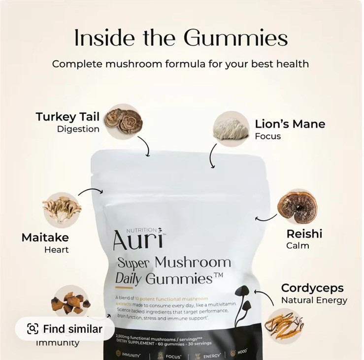 Auri Nutrition Super Mushroom Daily Gummies Wild Raspberry 60 Gummies