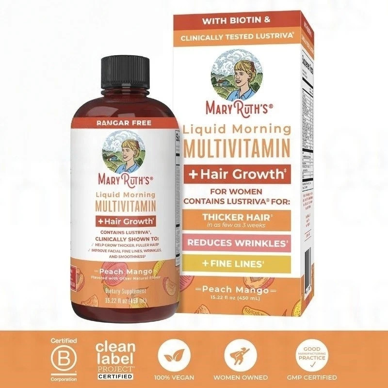 Mary Ruth’s Liquid Morning Multivitamin + Hair Growth – Peach Mango – 15 fl oz++
